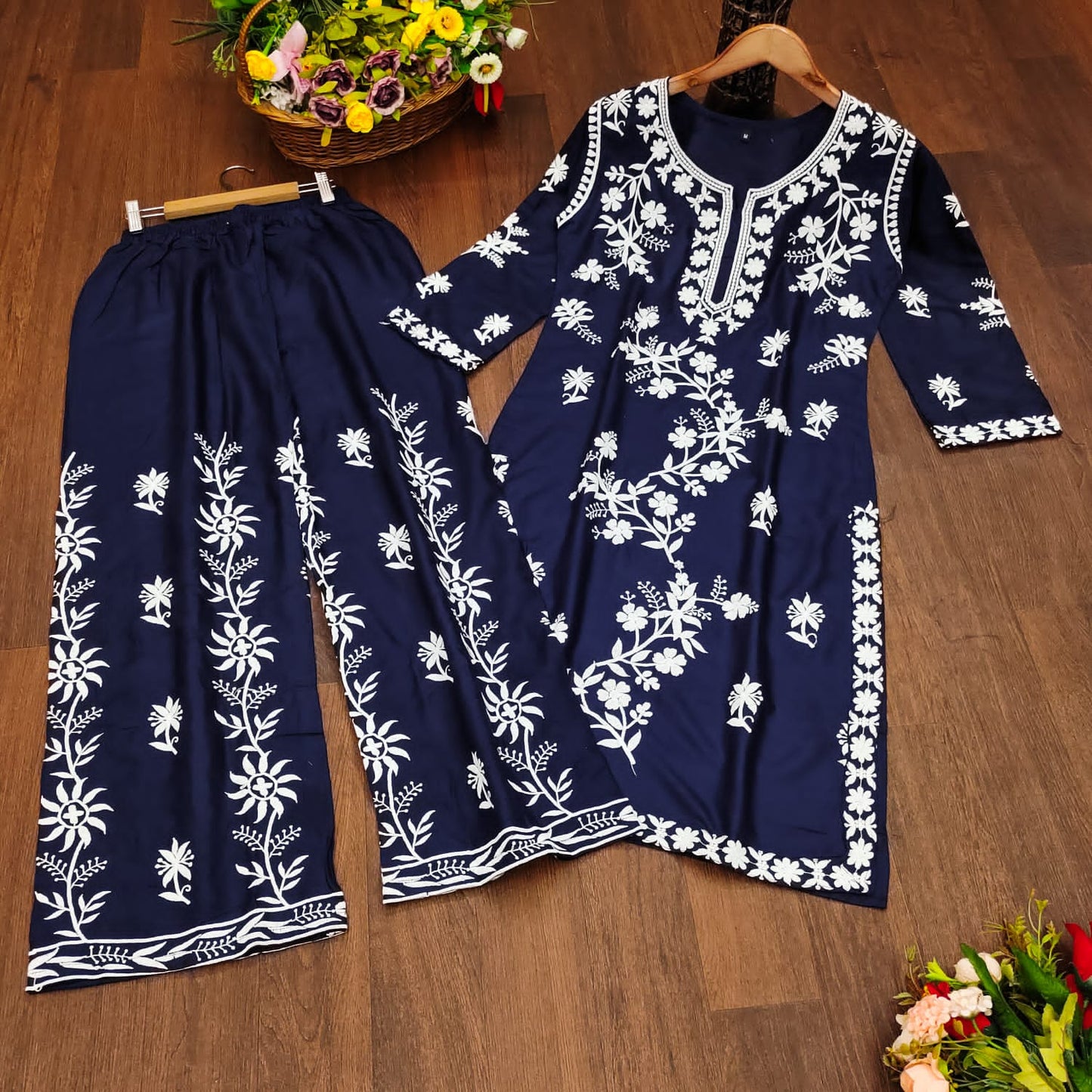 AE 7792 KURTI HEAVY RAYON COTTON FABRIC WITH CHICKENKARI STYLE EMBROIDERY WORK