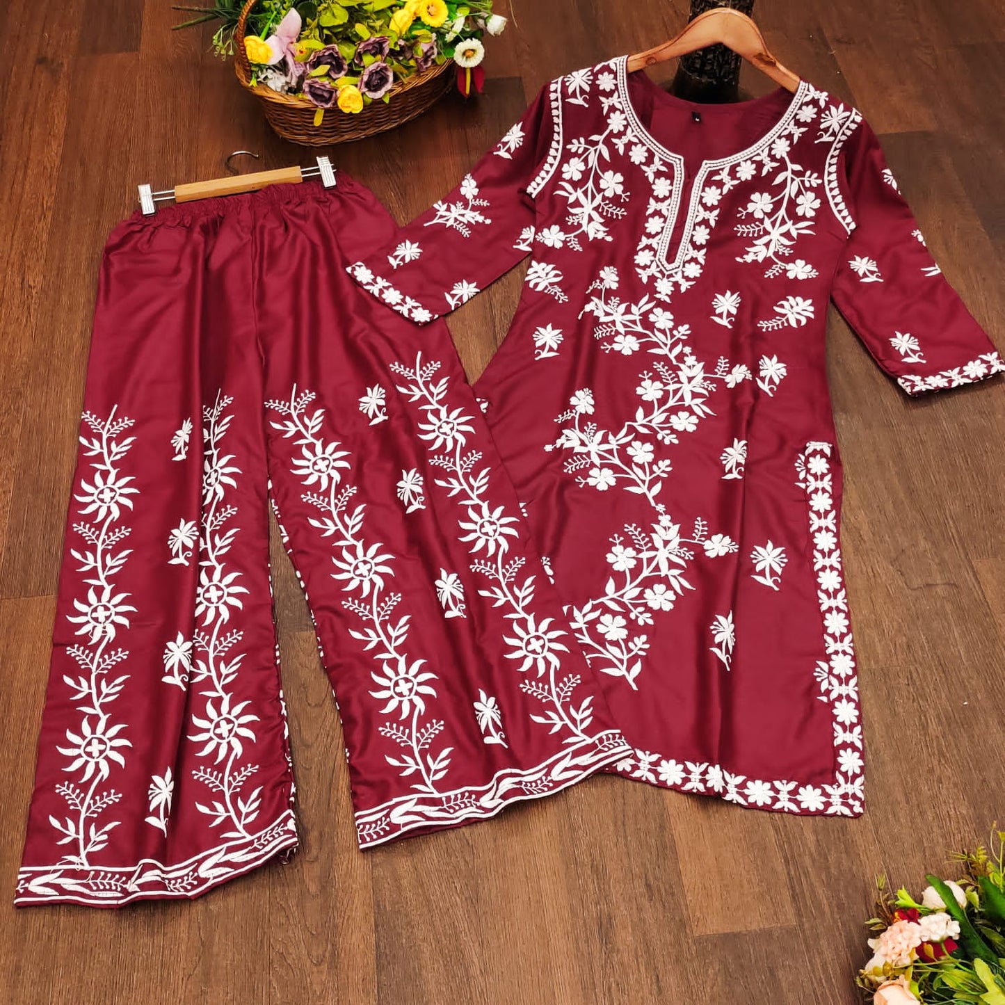 AE 7792 KURTI HEAVY RAYON COTTON FABRIC WITH CHICKENKARI STYLE EMBROIDERY WORK