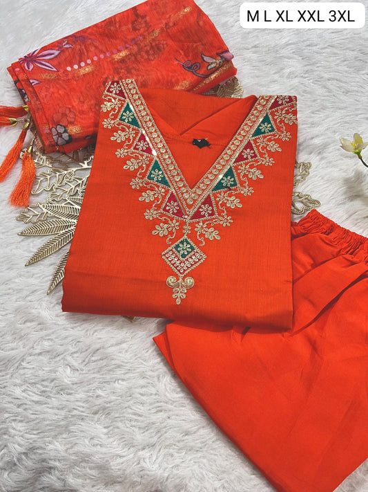 Premium Roman SilK V-Neck Kurti With Pant and Digital Print Duppata With four side traditional LatkaN