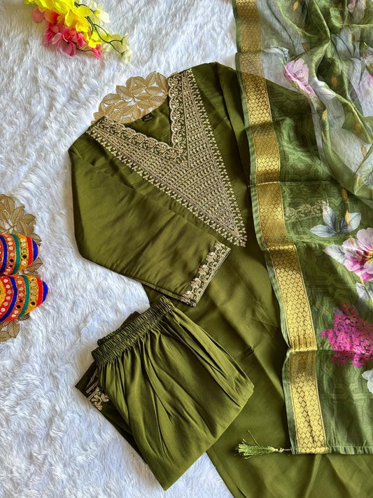 New Roman Silk Designers Kurti Pant Dupatta Set