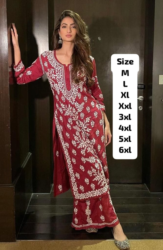 AE 7792 KURTI HEAVY RAYON COTTON FABRIC WITH CHICKENKARI STYLE EMBROIDERY WORK