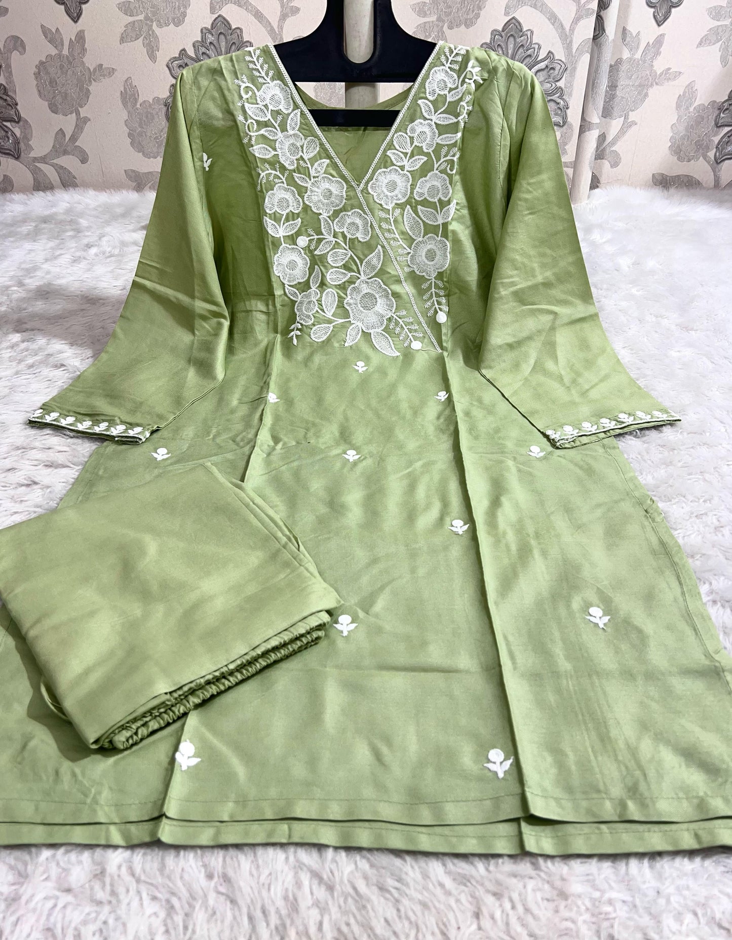 AE1008 STYLISH DESIGNER HEAVY EMBROIDERY WORK KURTI PANT 2 Pc