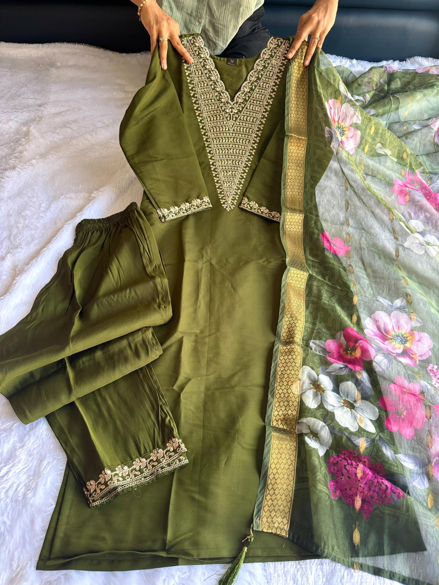 New Roman Silk Designers Kurti Pant Dupatta Set